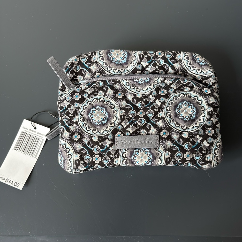 New With Tags Vera Bradley Iconic Medium Cosmetic in Charcoal Medallion - Picture 1 of 3